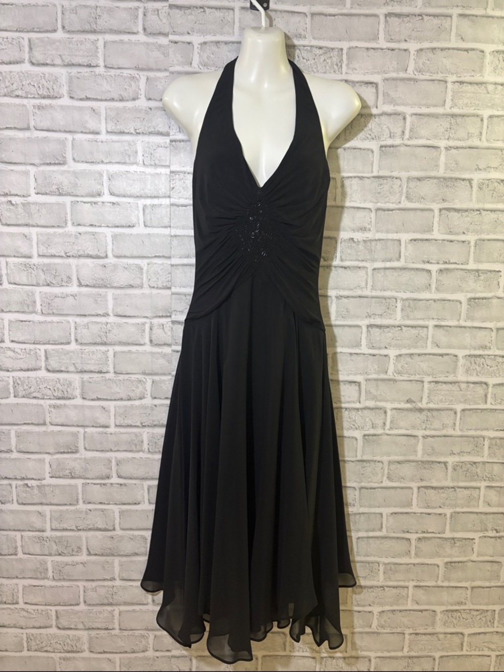 Lori Ann Montreal Elegant Black Halter Midi Dress with Beaded Gather- size 8
